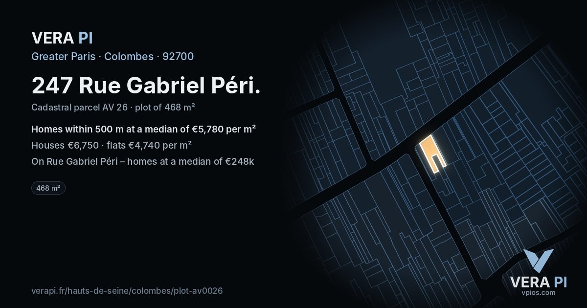 247 Rue Gabriel Péri, Colombes at night – the plot lit, the parcels around coloured by the prices near them