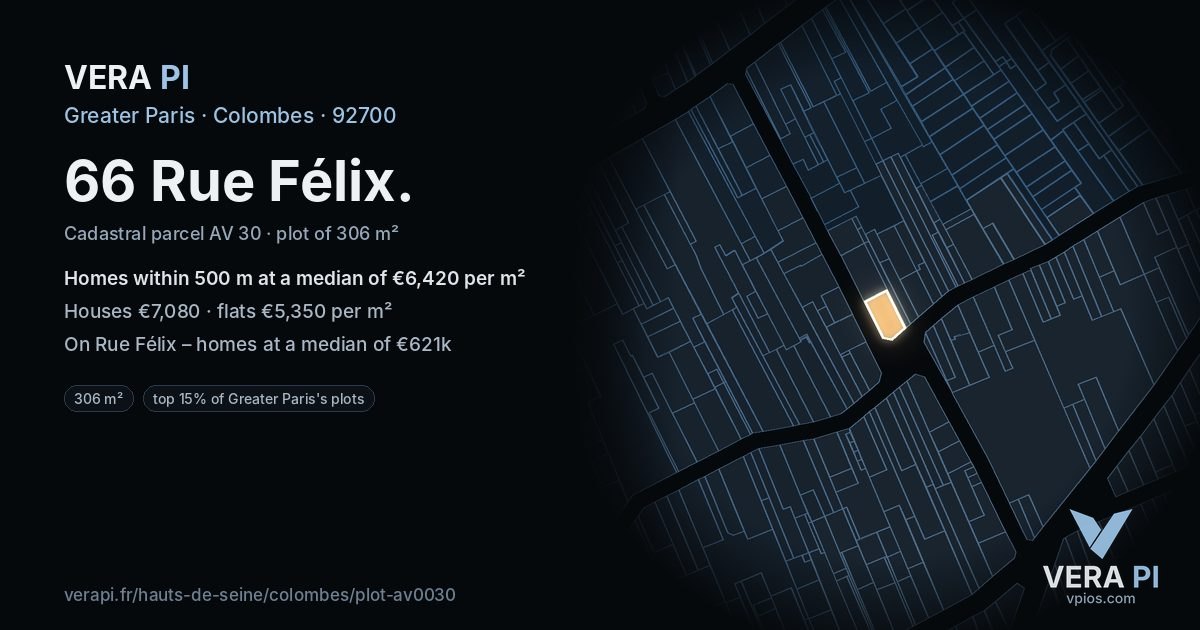 66 Rue Félix, Colombes at night – the plot lit, the parcels around coloured by the prices near them
