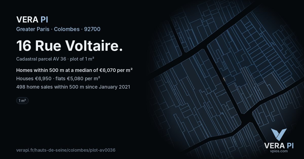 16 Rue Voltaire, Colombes at night – the plot lit, the parcels around coloured by the prices near them