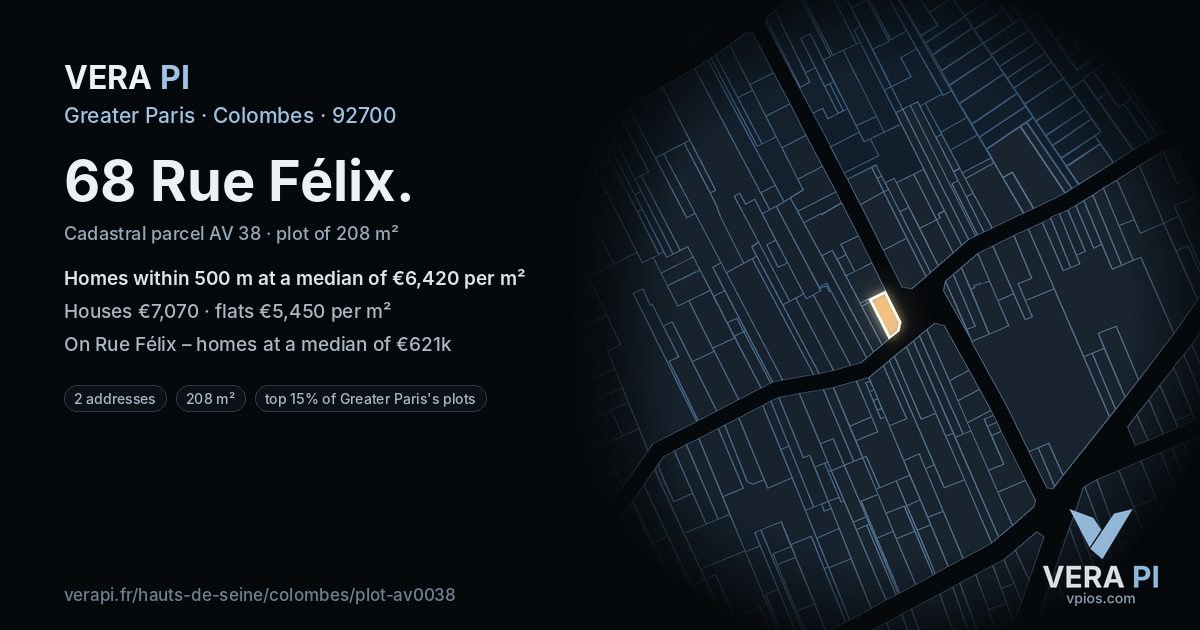 68 Rue Félix, Colombes at night – the plot lit, the parcels around coloured by the prices near them