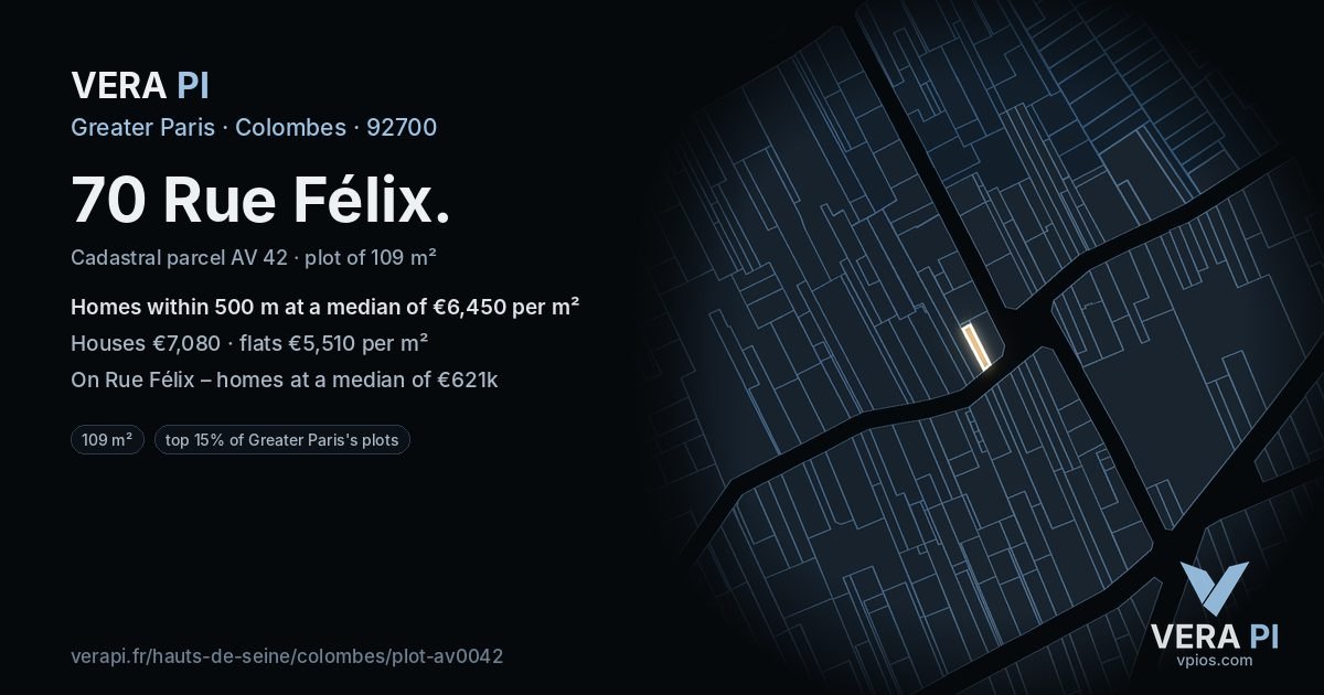 70 Rue Félix, Colombes at night – the plot lit, the parcels around coloured by the prices near them