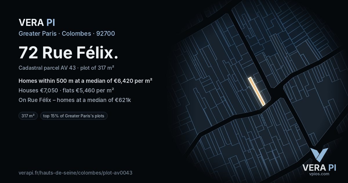 72 Rue Félix, Colombes at night – the plot lit, the parcels around coloured by the prices near them