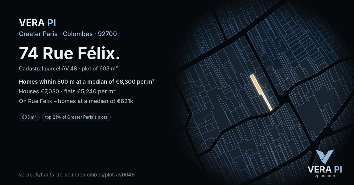 74 Rue Félix, Colombes at night – the plot lit, the parcels around coloured by the prices near them