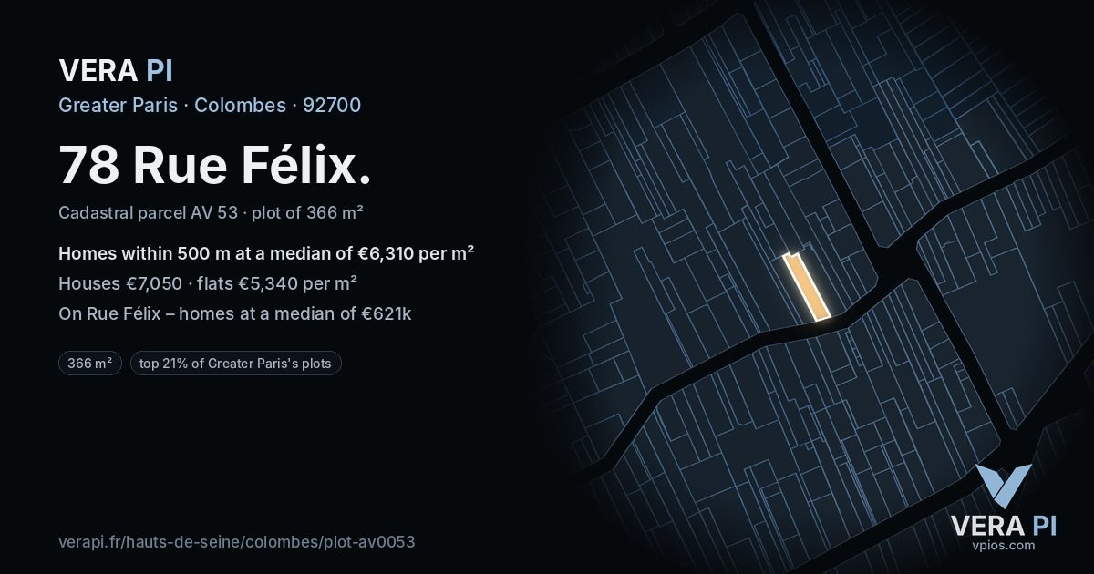 78 Rue Félix, Colombes at night – the plot lit, the parcels around coloured by the prices near them