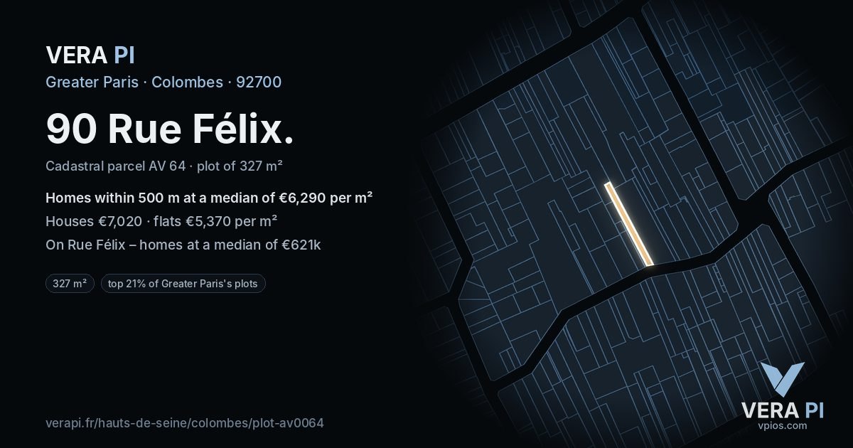 90 Rue Félix, Colombes at night – the plot lit, the parcels around coloured by the prices near them