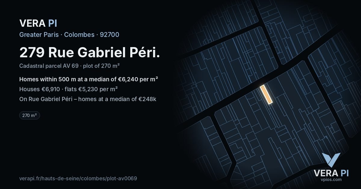 279 Rue Gabriel Péri, Colombes at night – the plot lit, the parcels around coloured by the prices near them