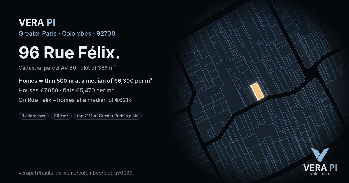96 Rue Félix, Colombes at night – the plot lit, the parcels around coloured by the prices near them