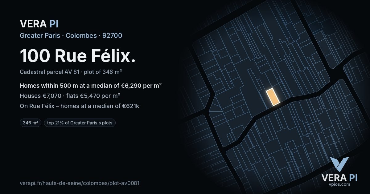 100 Rue Félix, Colombes at night – the plot lit, the parcels around coloured by the prices near them