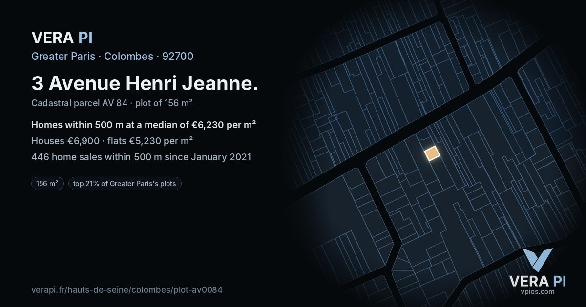 3 Avenue Henri Jeanne, Colombes at night – the plot lit, the parcels around coloured by the prices near them