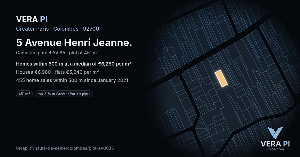 5 Avenue Henri Jeanne, Colombes at night – the plot lit, the parcels around coloured by the prices near them