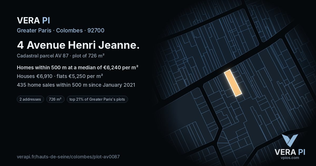 4 Avenue Henri Jeanne, Colombes at night – the plot lit, the parcels around coloured by the prices near them