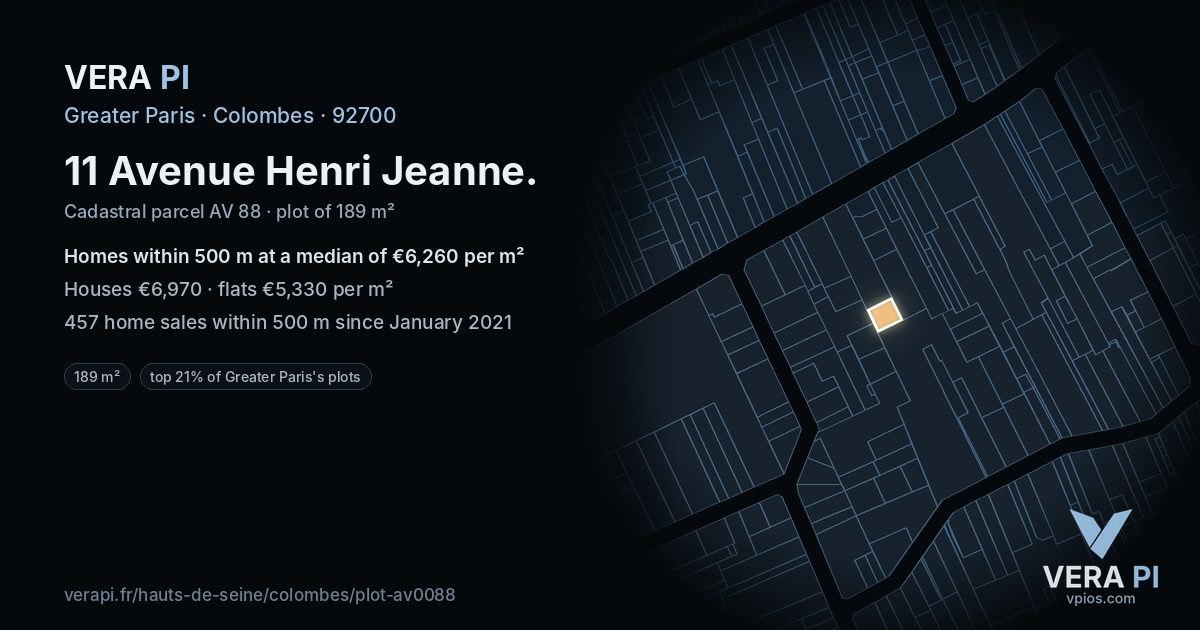 11 Avenue Henri Jeanne, Colombes at night – the plot lit, the parcels around coloured by the prices near them