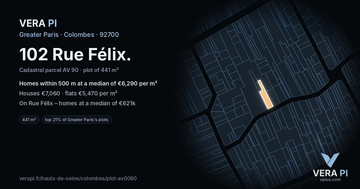 102 Rue Félix, Colombes at night – the plot lit, the parcels around coloured by the prices near them