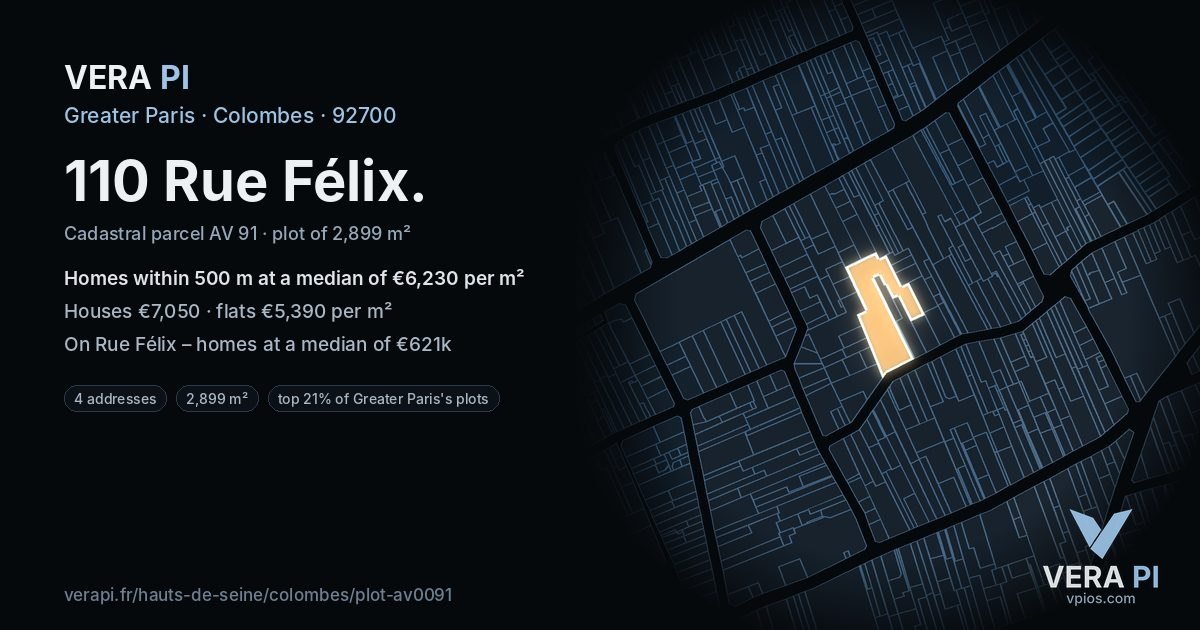 110 Rue Félix, Colombes at night – the plot lit, the parcels around coloured by the prices near them