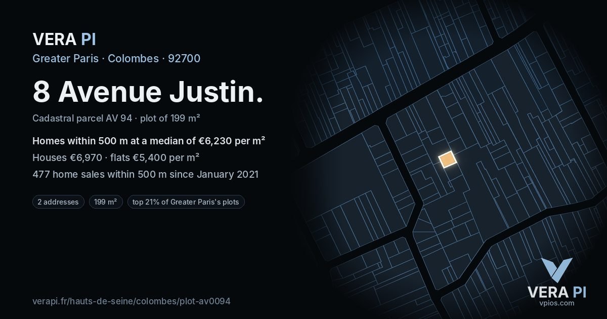 8 Avenue Justin, Colombes at night – the plot lit, the parcels around coloured by the prices near them
