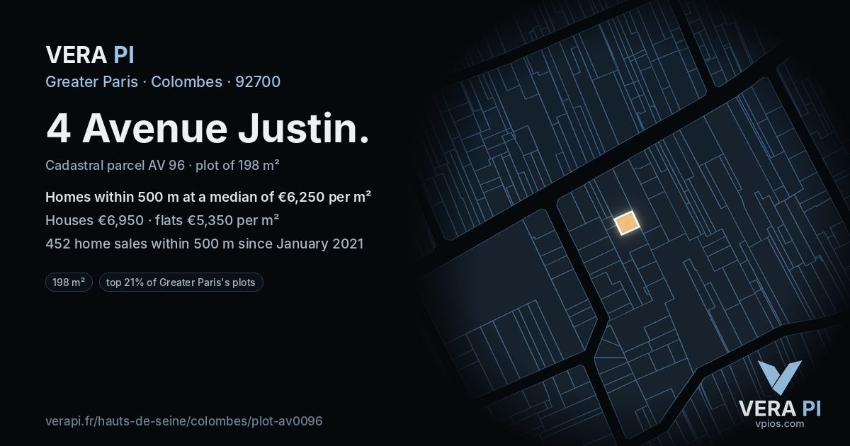 4 Avenue Justin, Colombes at night – the plot lit, the parcels around coloured by the prices near them