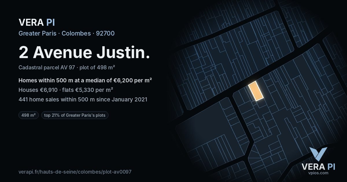 2 Avenue Justin, Colombes at night – the plot lit, the parcels around coloured by the prices near them