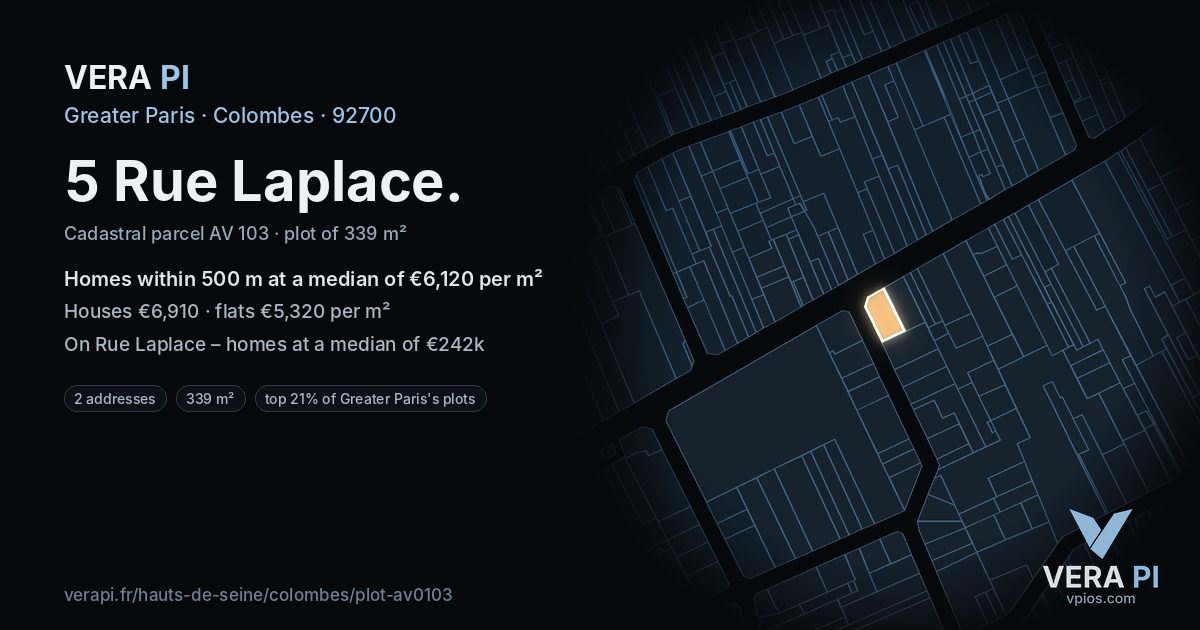 5 Rue Laplace, Colombes at night – the plot lit, the parcels around coloured by the prices near them