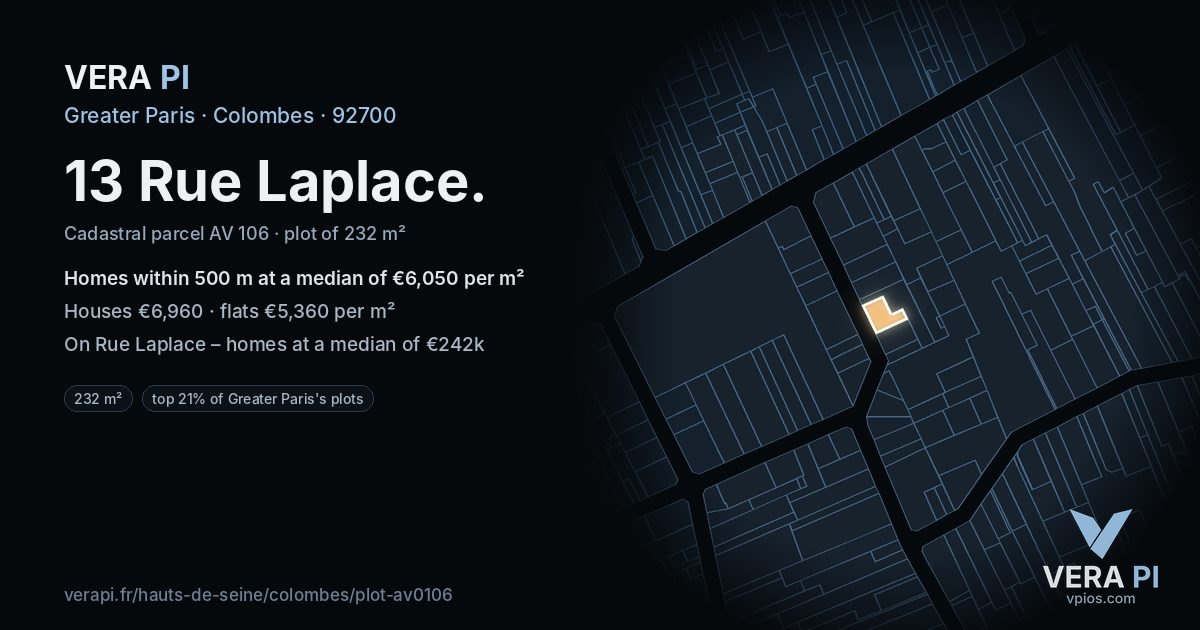 13 Rue Laplace, Colombes at night – the plot lit, the parcels around coloured by the prices near them