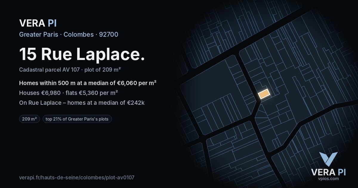 15 Rue Laplace, Colombes at night – the plot lit, the parcels around coloured by the prices near them