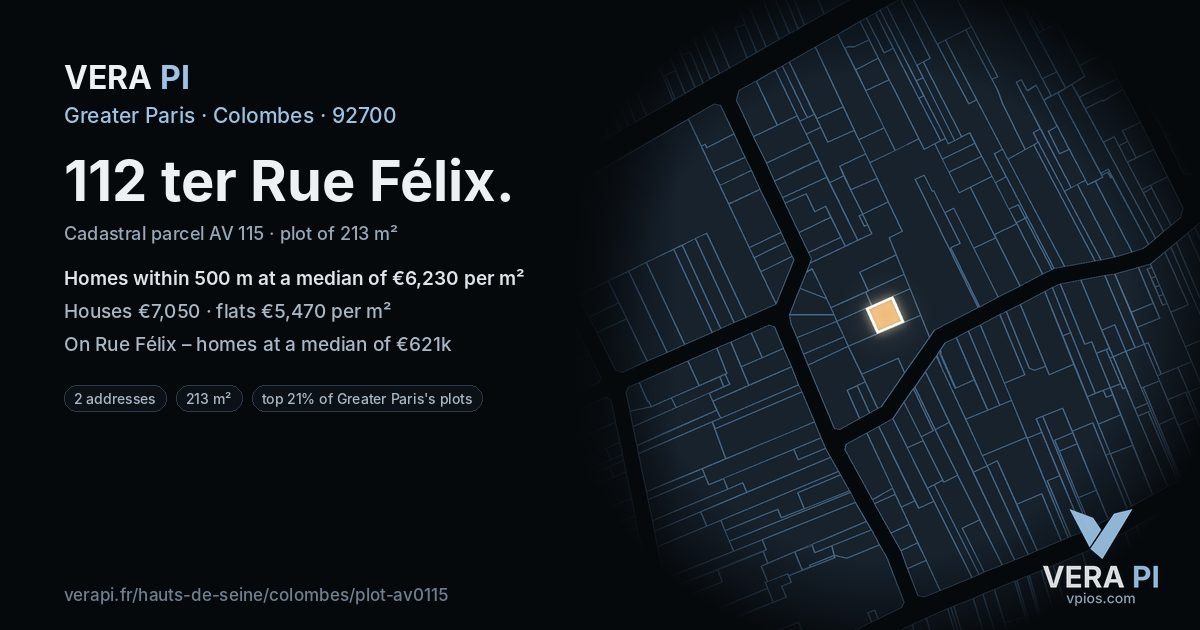 112 ter Rue Félix, Colombes at night – the plot lit, the parcels around coloured by the prices near them