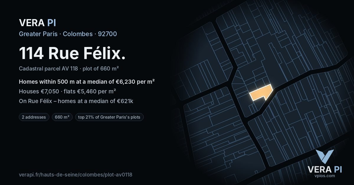 114 Rue Félix, Colombes at night – the plot lit, the parcels around coloured by the prices near them