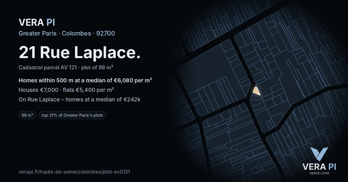 21 Rue Laplace, Colombes at night – the plot lit, the parcels around coloured by the prices near them
