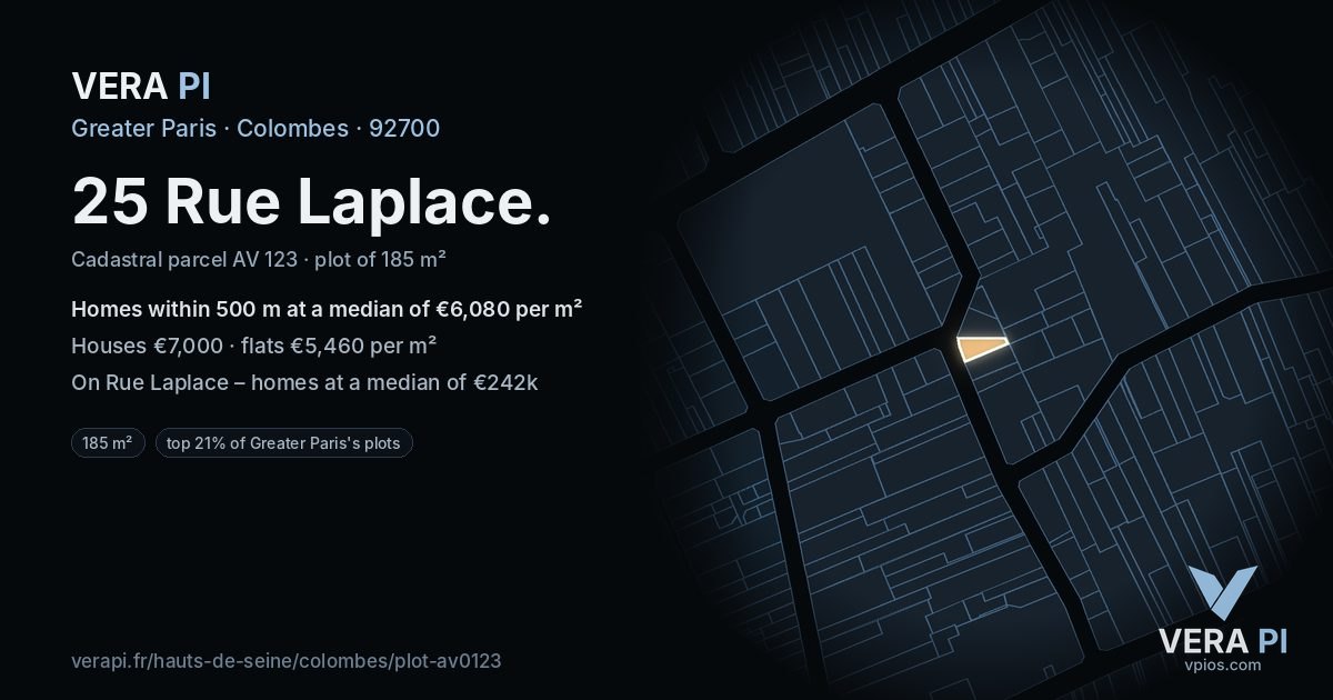 25 Rue Laplace, Colombes at night – the plot lit, the parcels around coloured by the prices near them