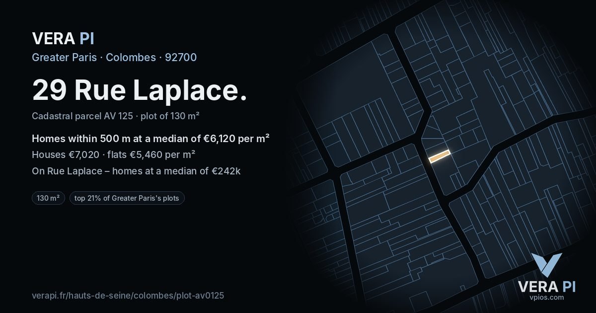 29 Rue Laplace, Colombes at night – the plot lit, the parcels around coloured by the prices near them
