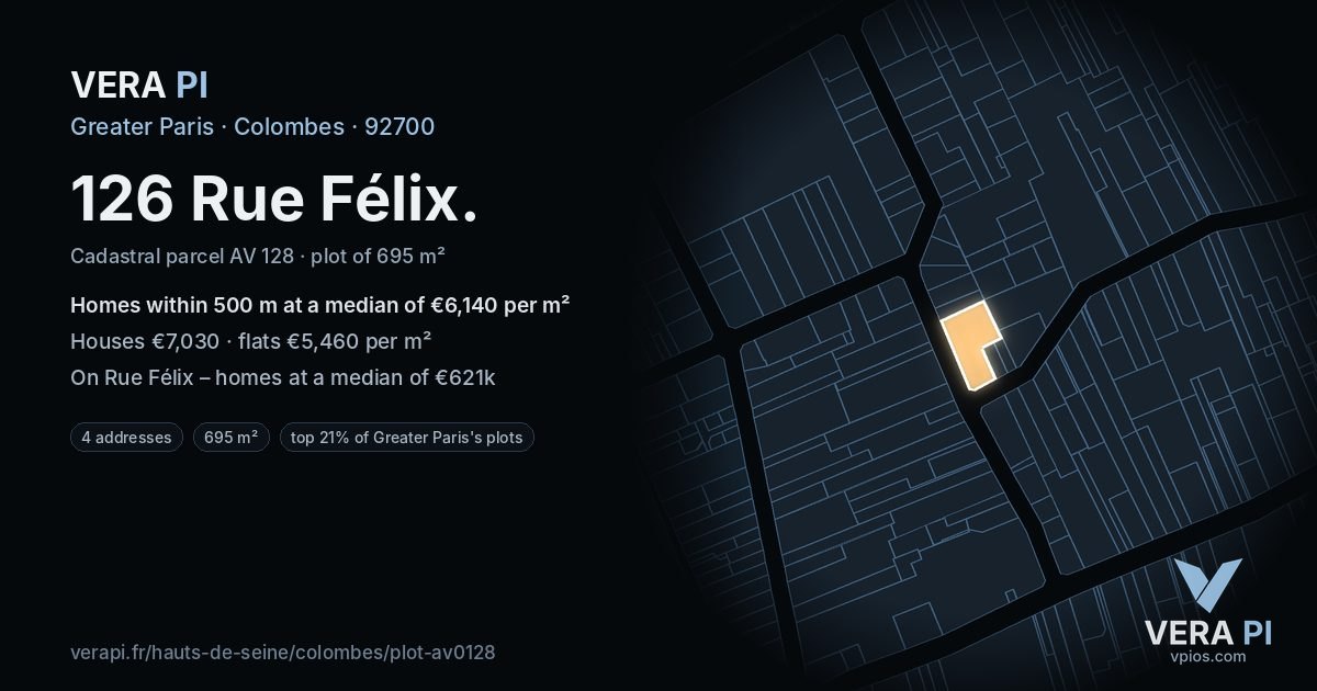126 Rue Félix, Colombes at night – the plot lit, the parcels around coloured by the prices near them