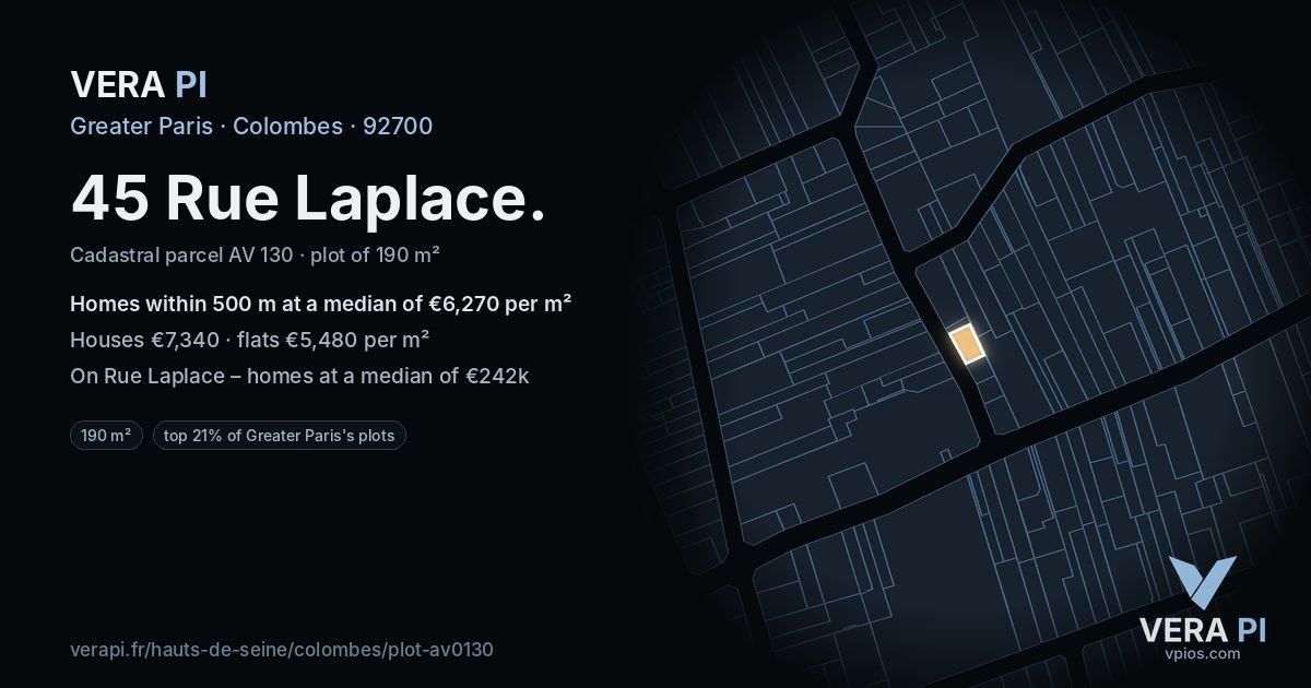 45 Rue Laplace, Colombes at night – the plot lit, the parcels around coloured by the prices near them