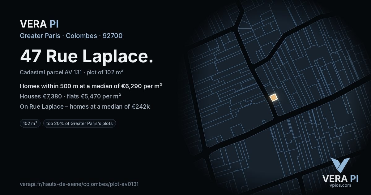 47 Rue Laplace, Colombes at night – the plot lit, the parcels around coloured by the prices near them