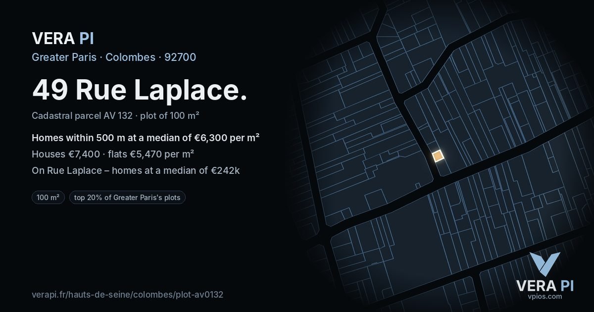 49 Rue Laplace, Colombes at night – the plot lit, the parcels around coloured by the prices near them