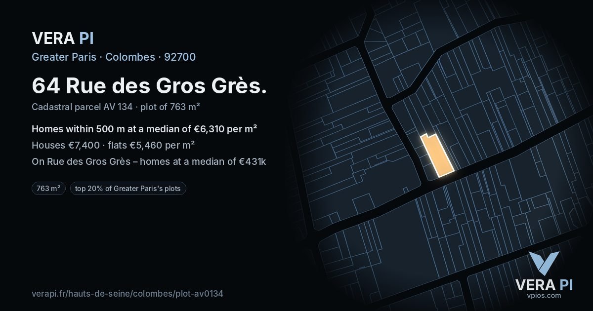 64 Rue des Gros Grès, Colombes at night – the plot lit, the parcels around coloured by the prices near them