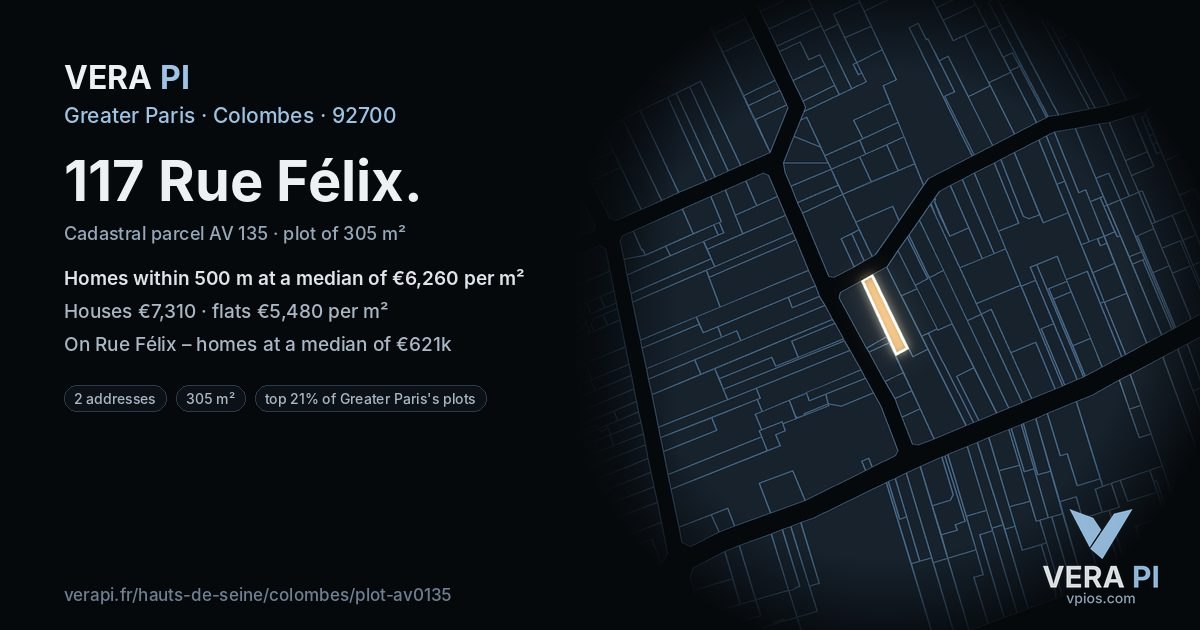 117 Rue Félix, Colombes at night – the plot lit, the parcels around coloured by the prices near them
