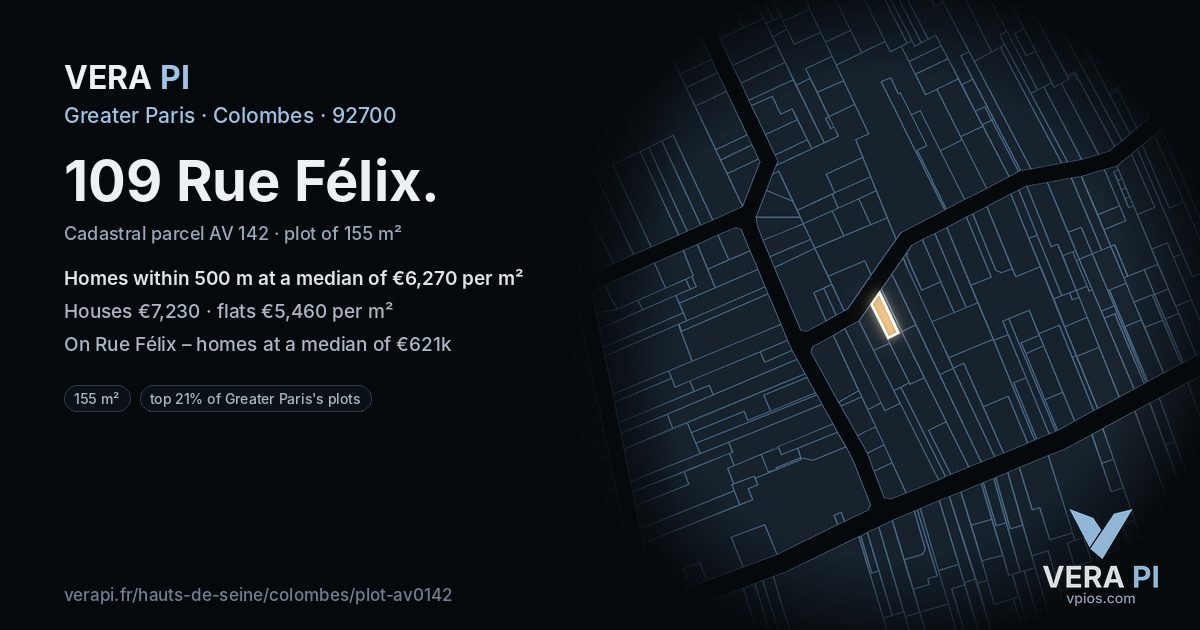 109 Rue Félix, Colombes at night – the plot lit, the parcels around coloured by the prices near them