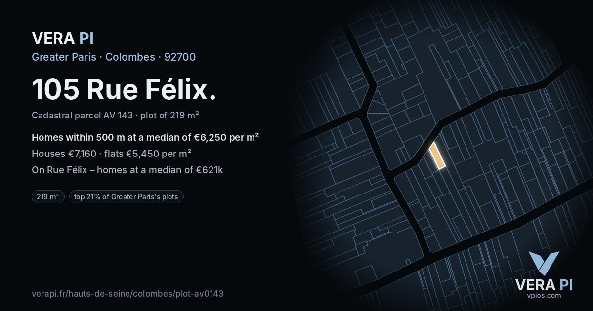 105 Rue Félix, Colombes at night – the plot lit, the parcels around coloured by the prices near them