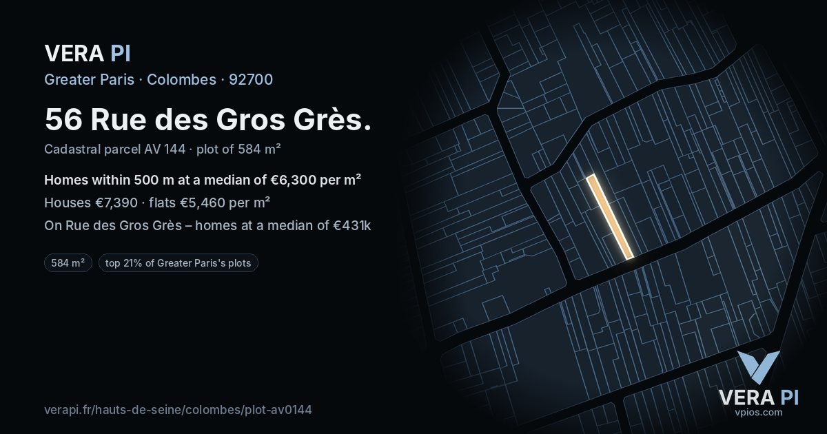 56 Rue des Gros Grès, Colombes at night – the plot lit, the parcels around coloured by the prices near them
