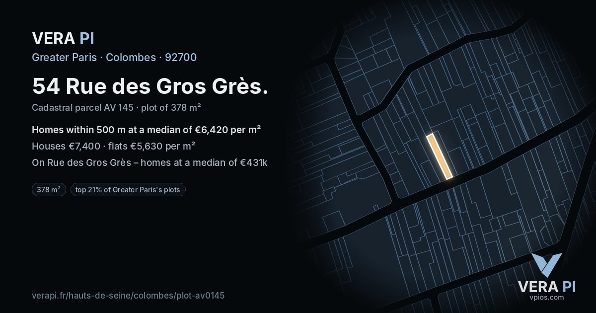 54 Rue des Gros Grès, Colombes at night – the plot lit, the parcels around coloured by the prices near them