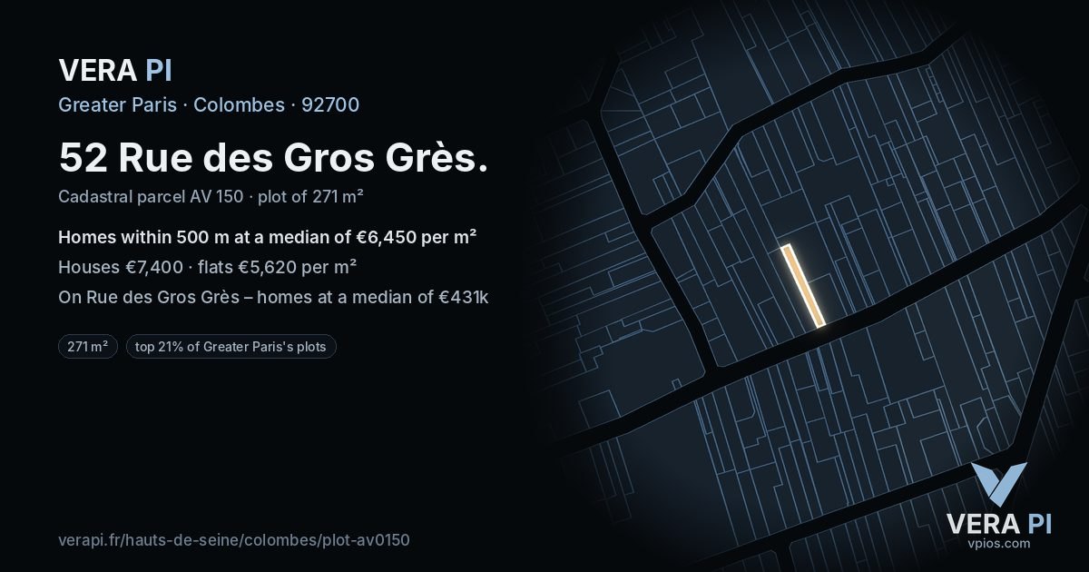 52 Rue des Gros Grès, Colombes at night – the plot lit, the parcels around coloured by the prices near them