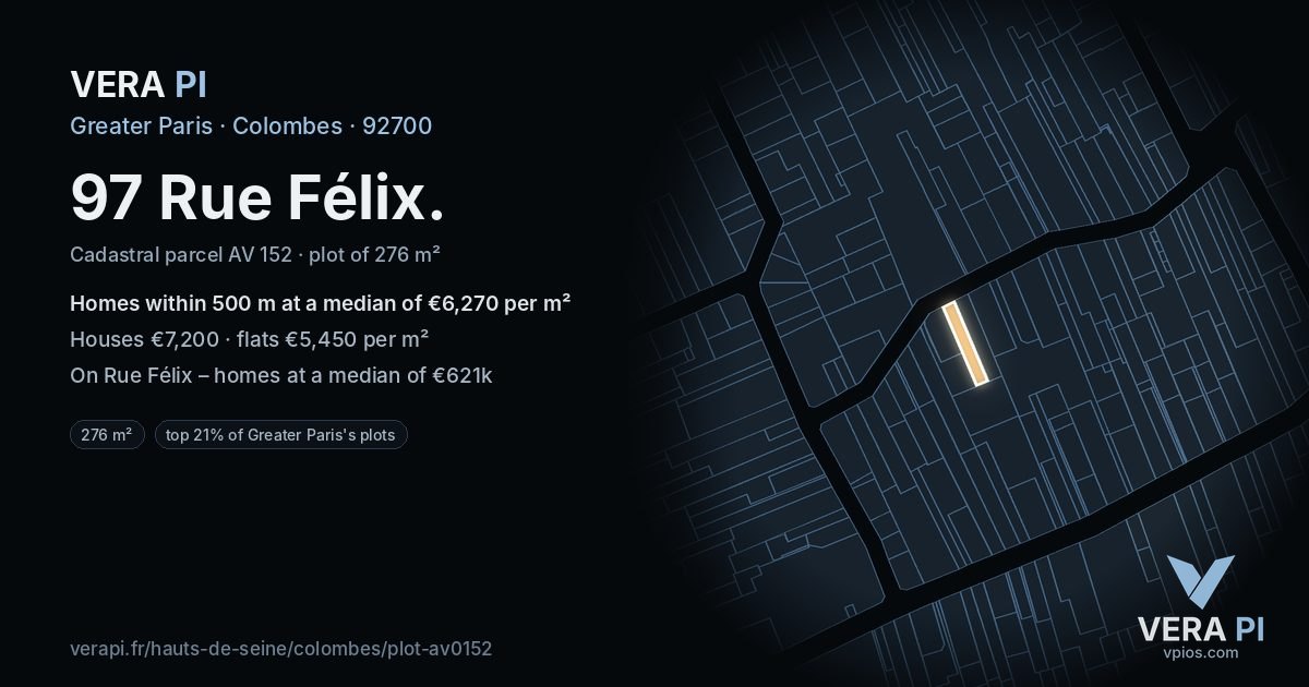 97 Rue Félix, Colombes at night – the plot lit, the parcels around coloured by the prices near them