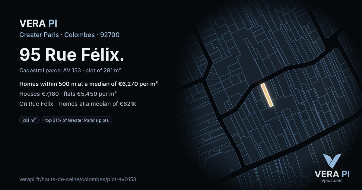 95 Rue Félix, Colombes at night – the plot lit, the parcels around coloured by the prices near them