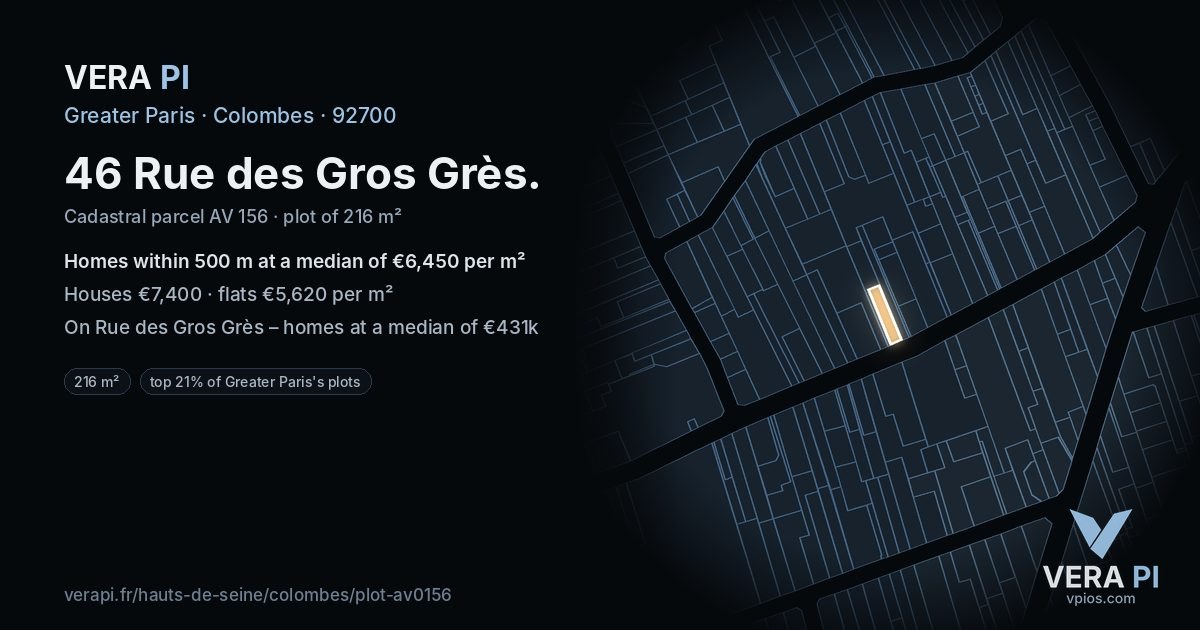 46 Rue des Gros Grès, Colombes at night – the plot lit, the parcels around coloured by the prices near them