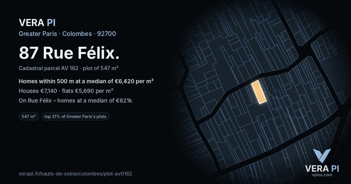 87 Rue Félix, Colombes at night – the plot lit, the parcels around coloured by the prices near them