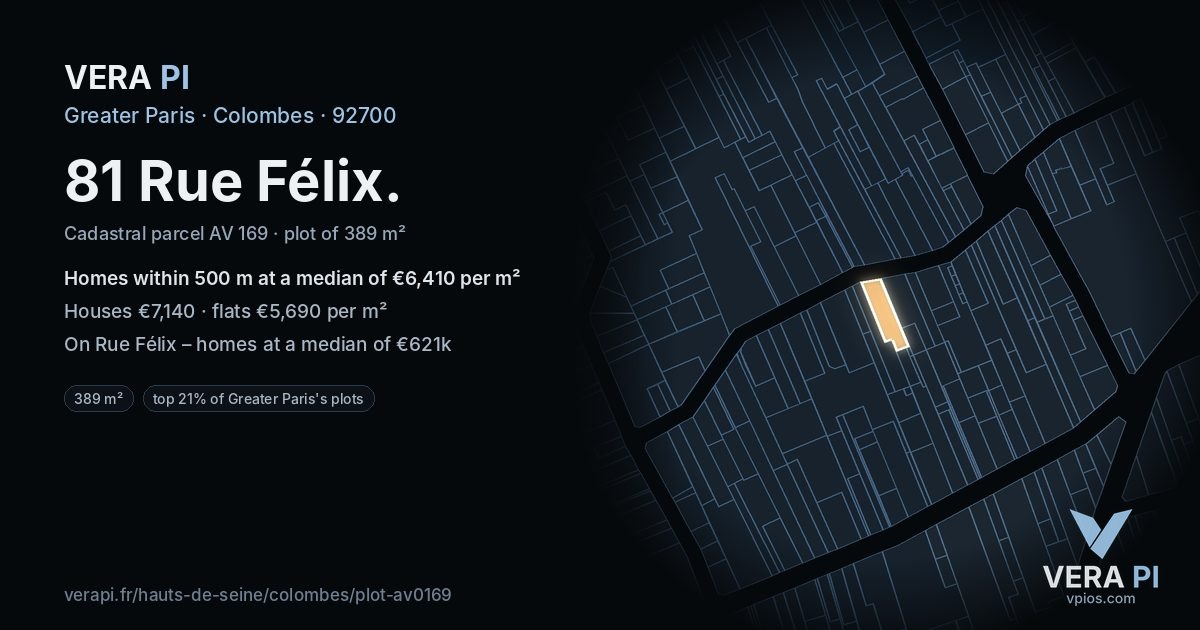 81 Rue Félix, Colombes at night – the plot lit, the parcels around coloured by the prices near them