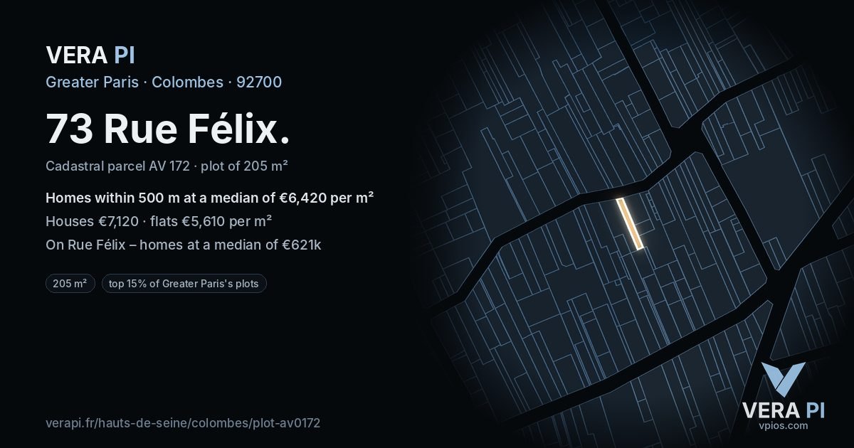 73 Rue Félix, Colombes at night – the plot lit, the parcels around coloured by the prices near them
