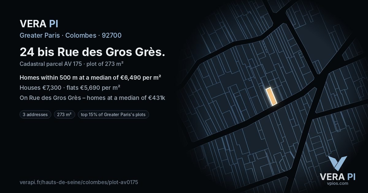 24 bis Rue des Gros Grès, Colombes at night – the plot lit, the parcels around coloured by the prices near them