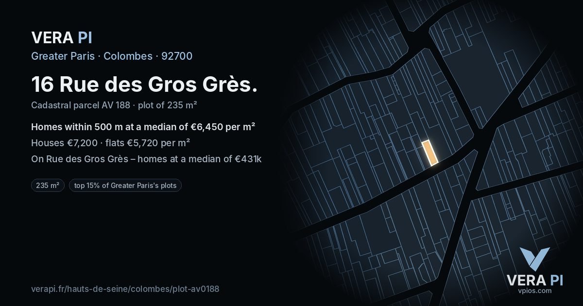 16 Rue des Gros Grès, Colombes at night – the plot lit, the parcels around coloured by the prices near them
