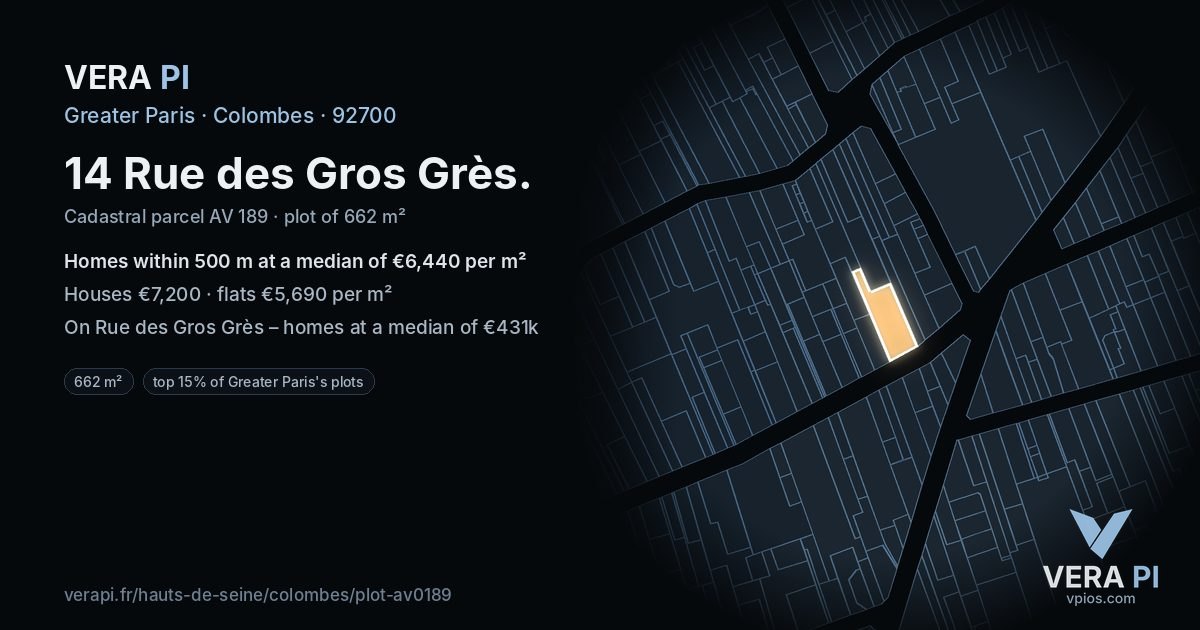 14 Rue des Gros Grès, Colombes at night – the plot lit, the parcels around coloured by the prices near them
