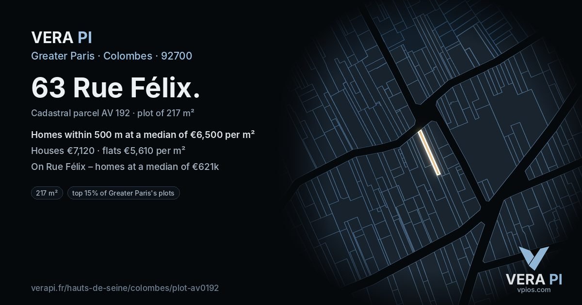 63 Rue Félix, Colombes at night – the plot lit, the parcels around coloured by the prices near them